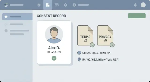 Consent logging for terms and privacy changes, versioned