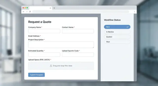 B2B request-a-quote form app: fields, uploads, workflow