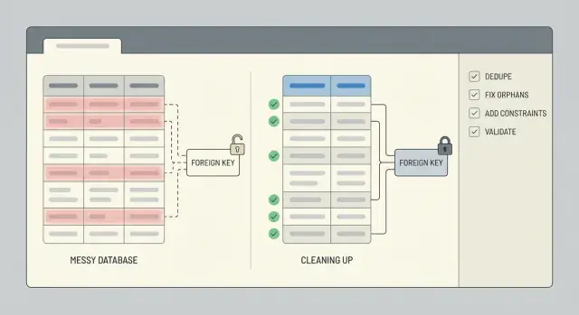 Data cleanup after a rushed prototype: dedupe and integrity repair