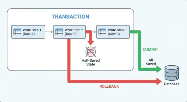 Database transactions for atomic writes: stop half-saved data