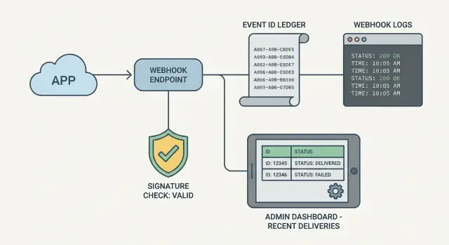 Webhook handler observability: logs, event IDs, admin view